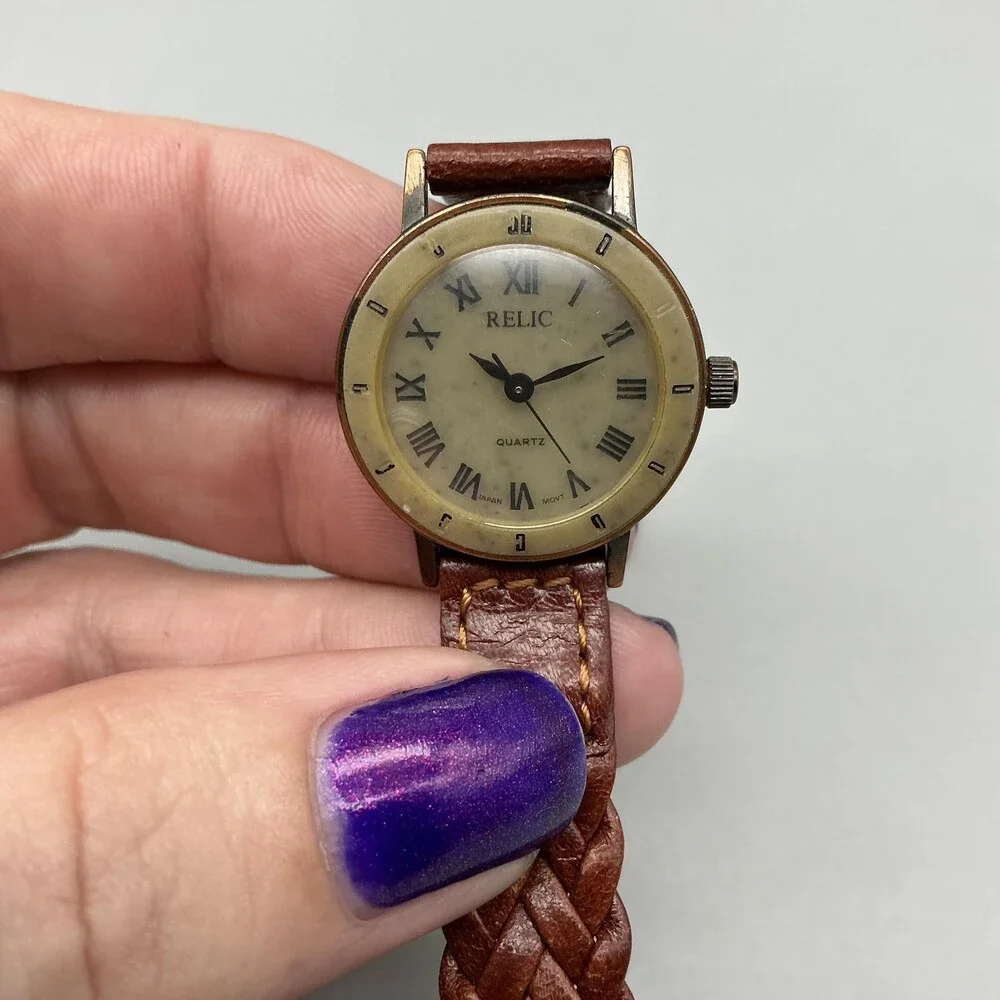 Relic Womens Watch 25mm Gray Dial Gold Tone Brown Braided Leather New Battery